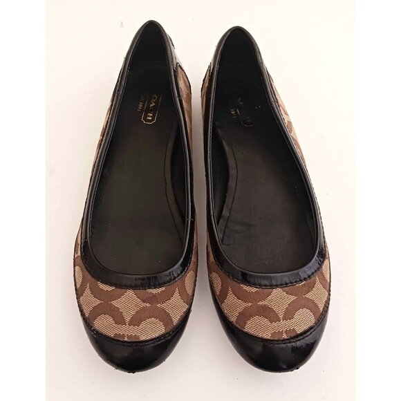 Coach Callie Ballet Flat Brown C Jacquard Blk Patent Toe/Heel Rubber Sole Sz 6.5 - Picture 4 of 10